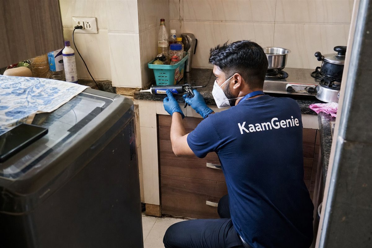 KaamGenie pest control technician treating a Palam property in South-West Delhi