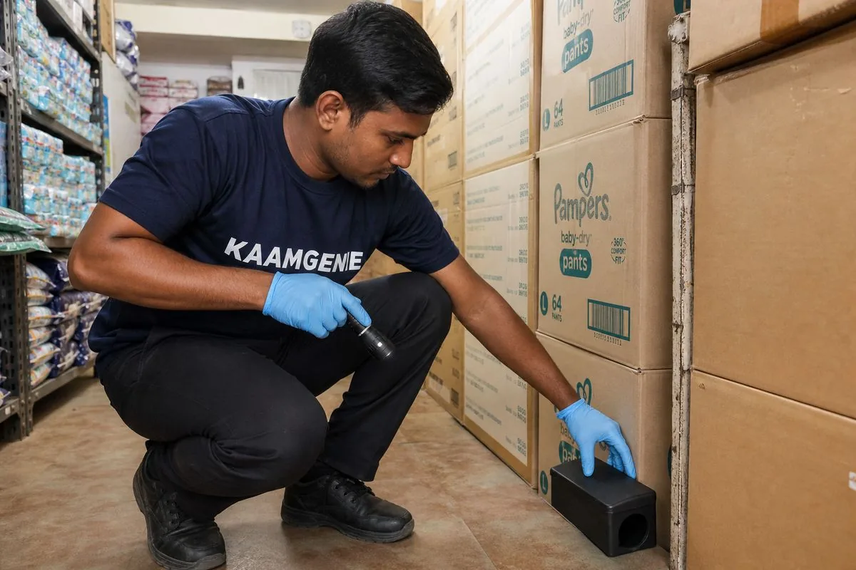 KaamGenie pest control technician treating a Pamposh Enclave property in South Delhi