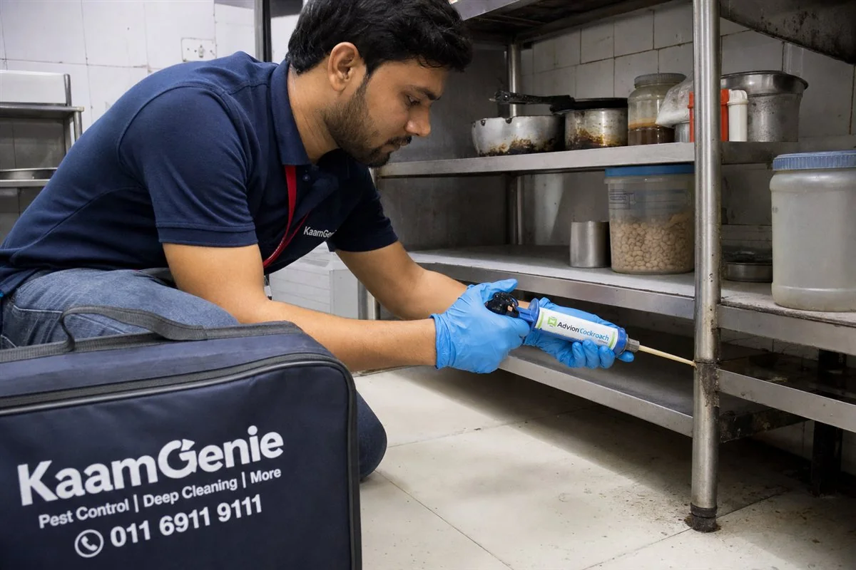 KaamGenie pest control technician treating a Patel Nagar property in Central Delhi
