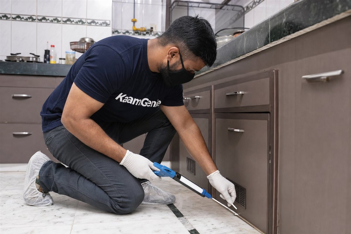 KaamGenie pest control technician treating a Patparganj property in East Delhi