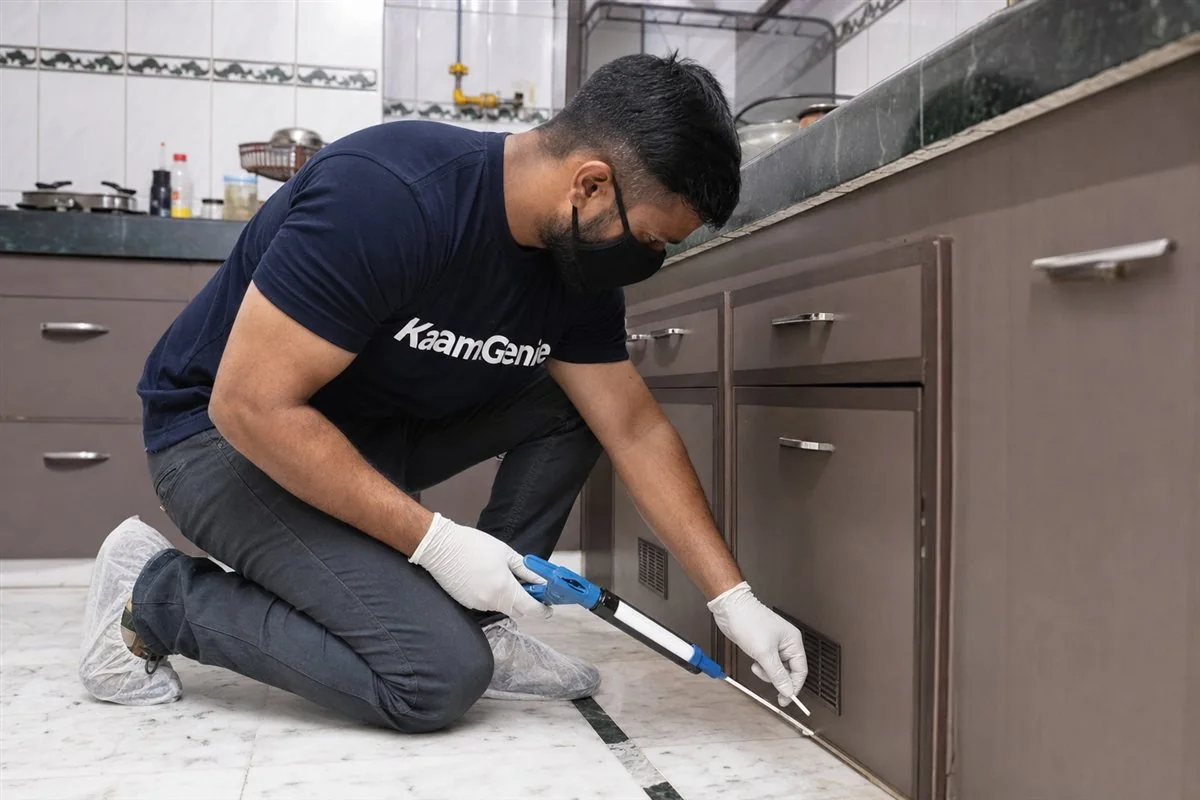 KaamGenie pest control technician treating a Patparganj property in East Delhi