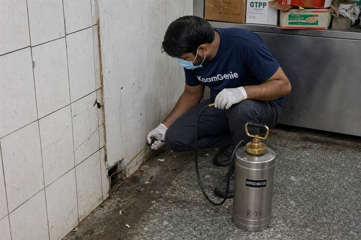 KaamGenie pest control technician treating a Peeragarhi property in West Delhi