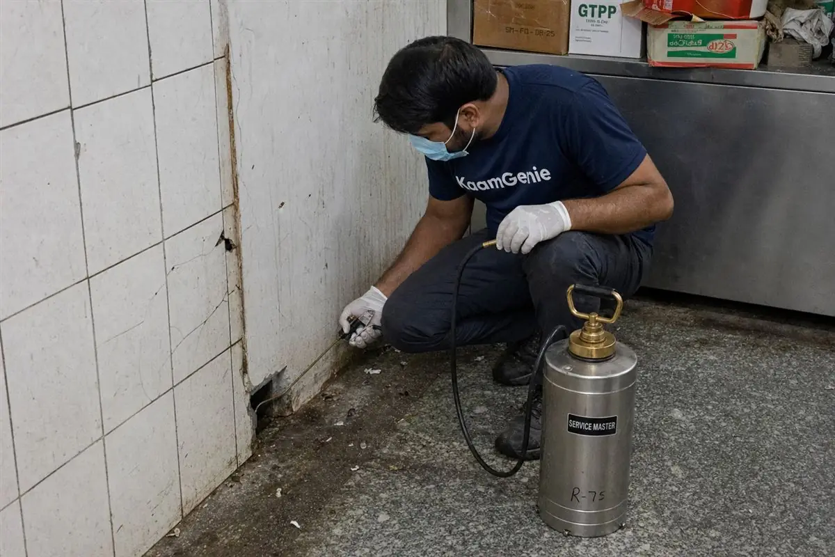 KaamGenie pest control technician treating a Peeragarhi property in West Delhi