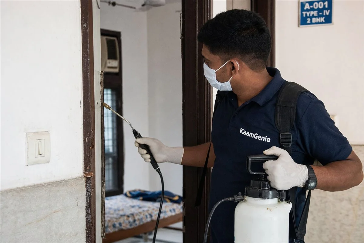 KaamGenie pest control technician treating a Pragati Vihar property in North Delhi / Central Delhi