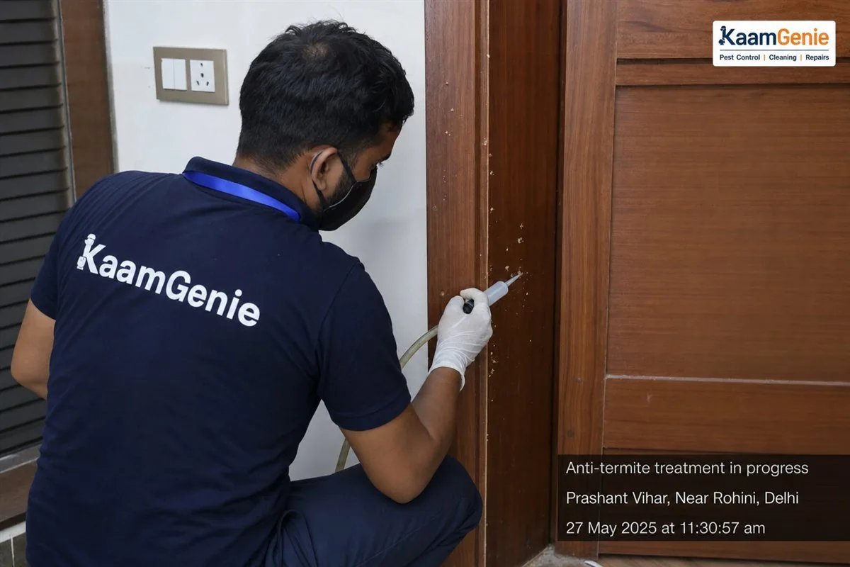 KaamGenie pest control technician treating a Prashant Vihar property in North-West Delhi