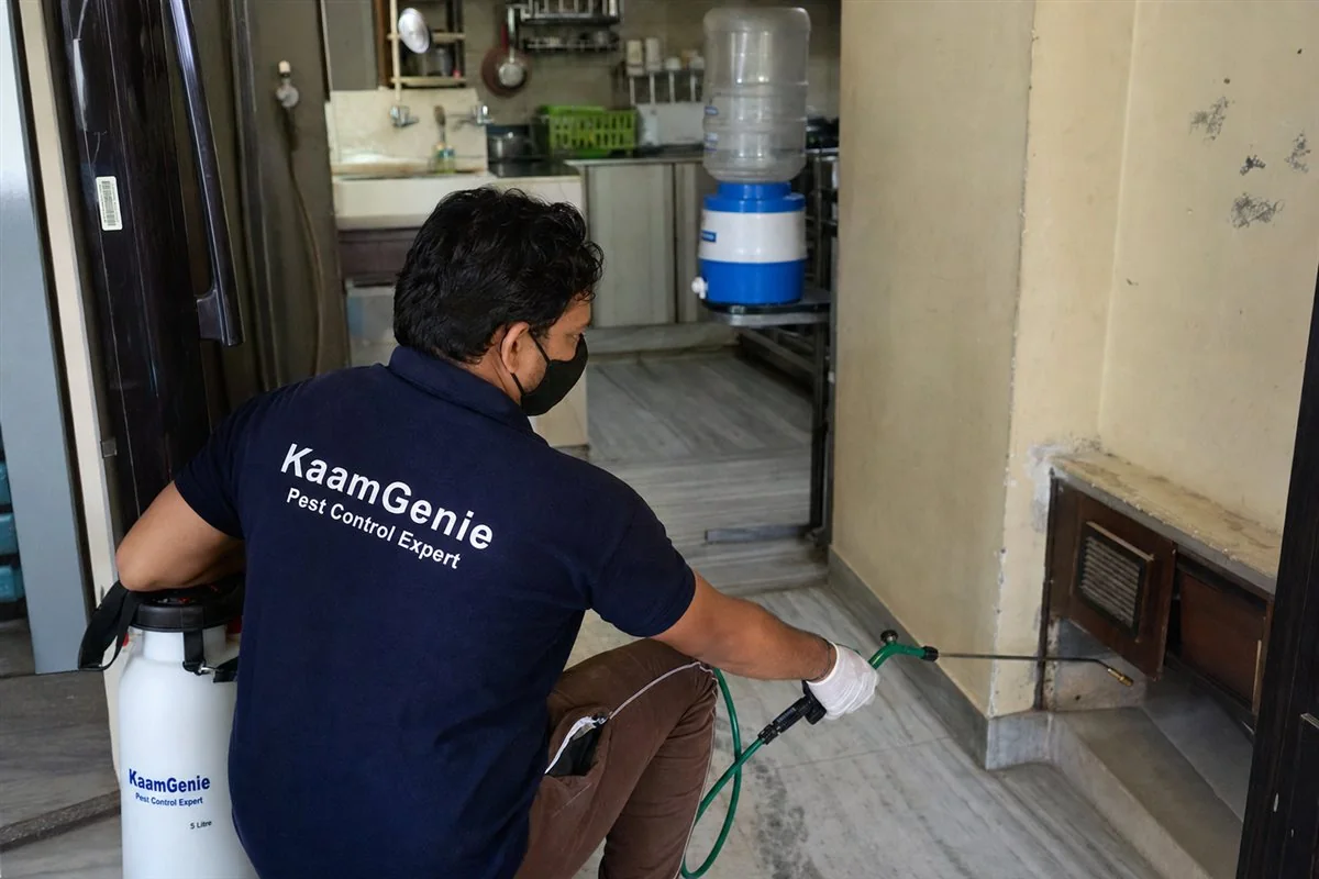 KaamGenie pest control technician treating a lower-middle home for rodents and mosquitoes in Pul Pahladpur, South-East Delhi