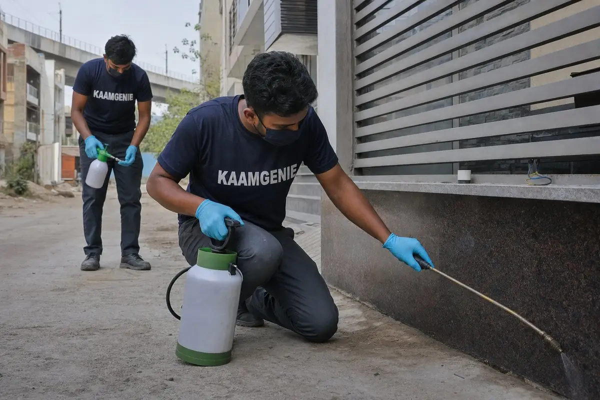 KaamGenie pest control technician treating a Pul Prahladpur property in South Delhi