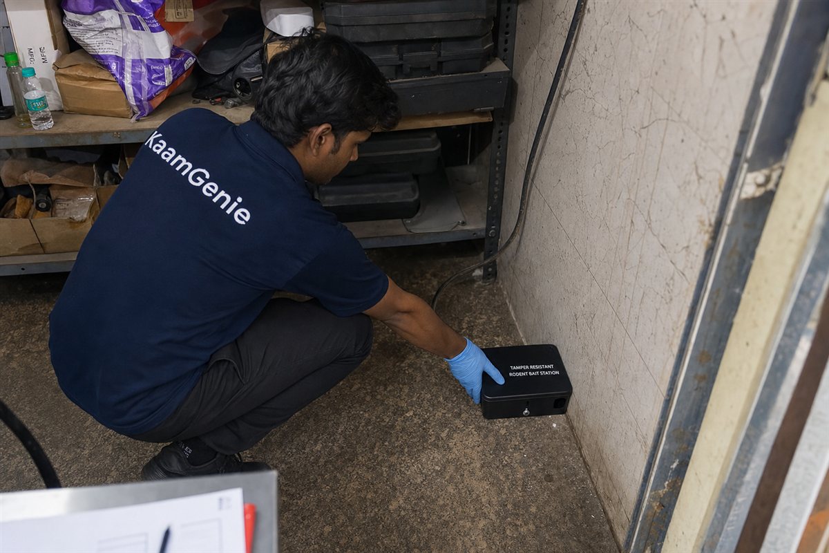 KaamGenie pest control technician treating a Raghubar Pura property in East Delhi