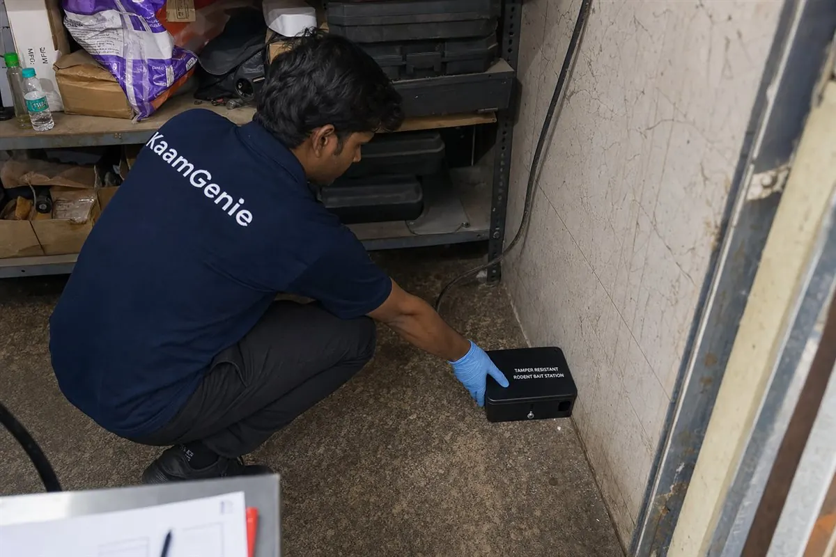 KaamGenie pest control technician treating a Raghubar Pura property in East Delhi