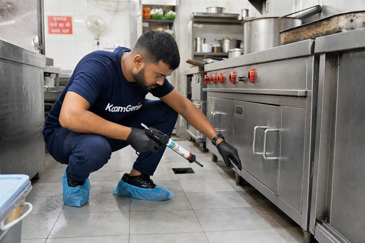 KaamGenie pest control technician treating a Rajouri Garden property in West Delhi