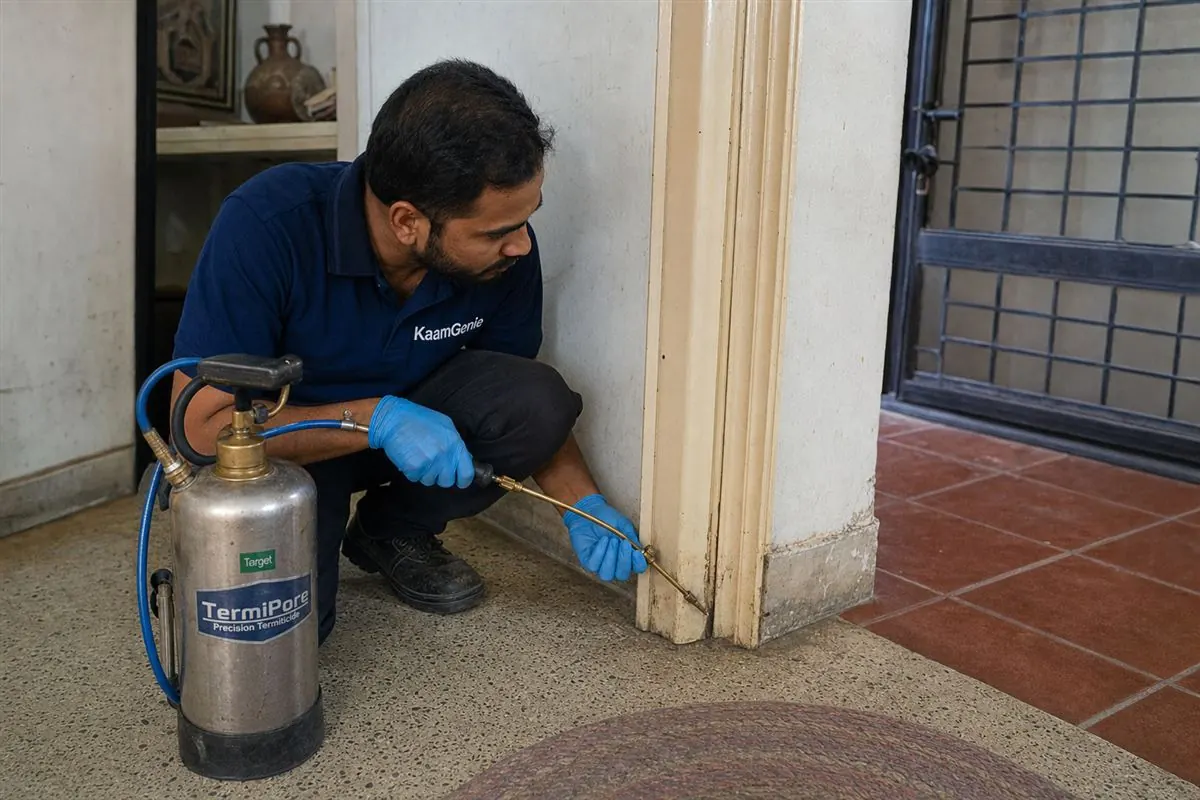 KaamGenie pest control technician treating a Ramesh Nagar property in West Delhi