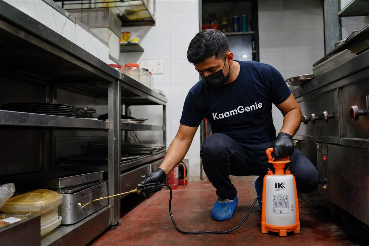 KaamGenie pest control technician treating a Ramprastha property in East Delhi
