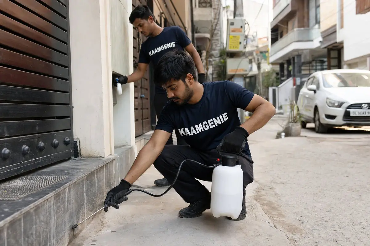 KaamGenie pest control technician treating a Rampura property in North-West Delhi