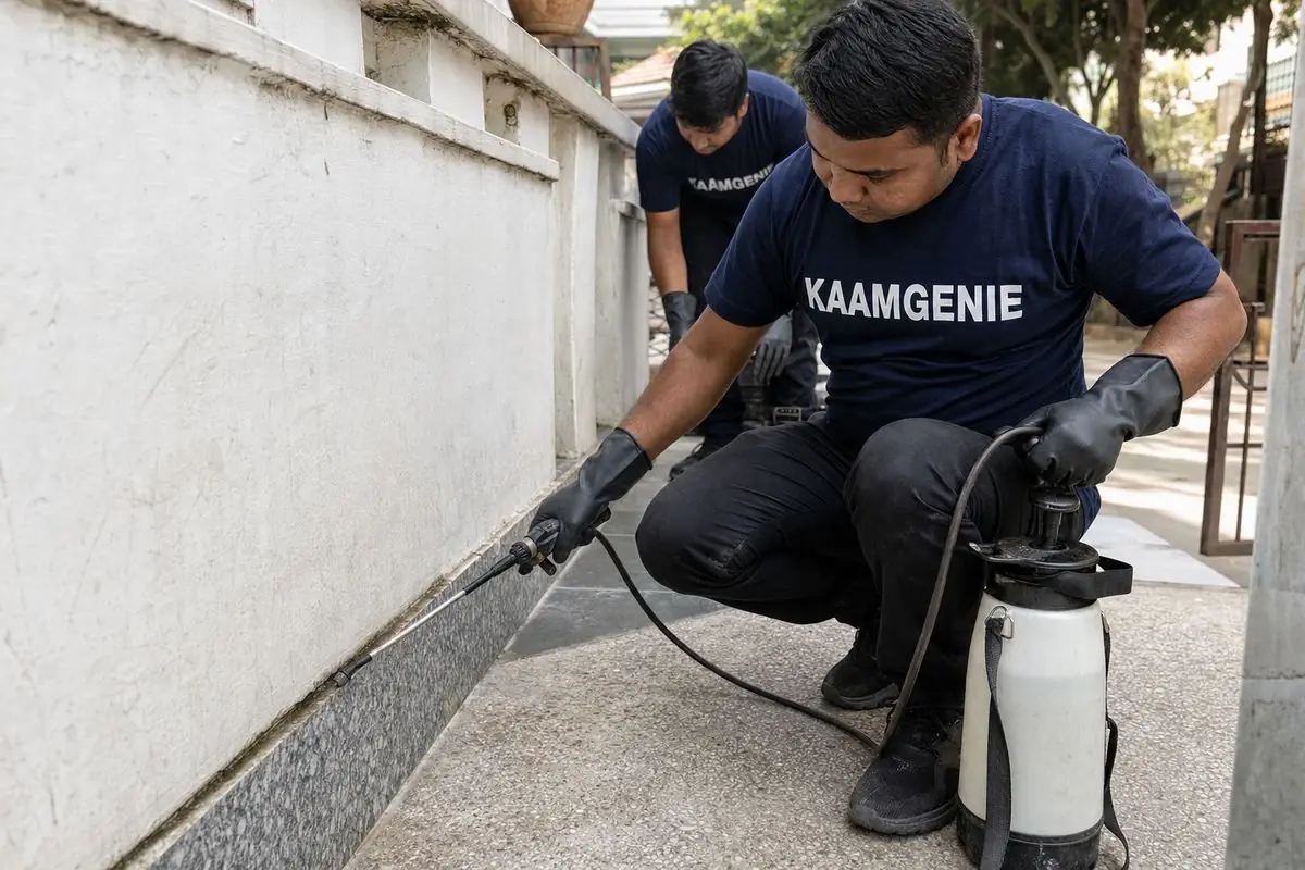 KaamGenie pest control technician treating a Rangpuri property in South Delhi