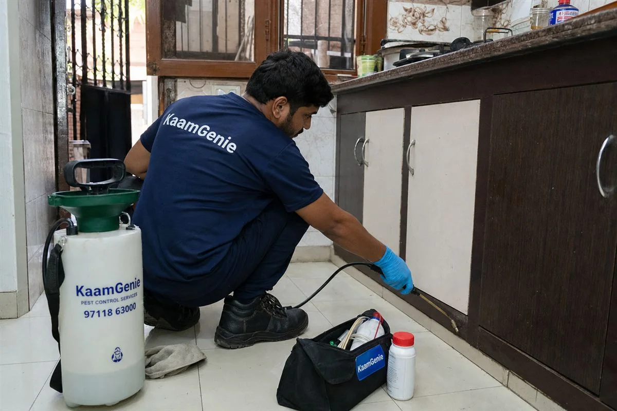 KaamGenie pest control technician treating a Rani Bagh property in North-West Delhi