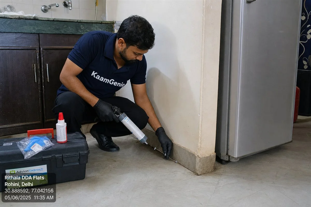 KaamGenie pest control technician treating a Rithala property in North-West Delhi