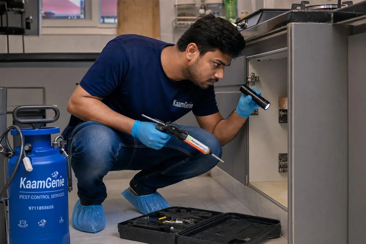 KaamGenie pest control technician treating a Rohini Sector 13 property in North-West Delhi