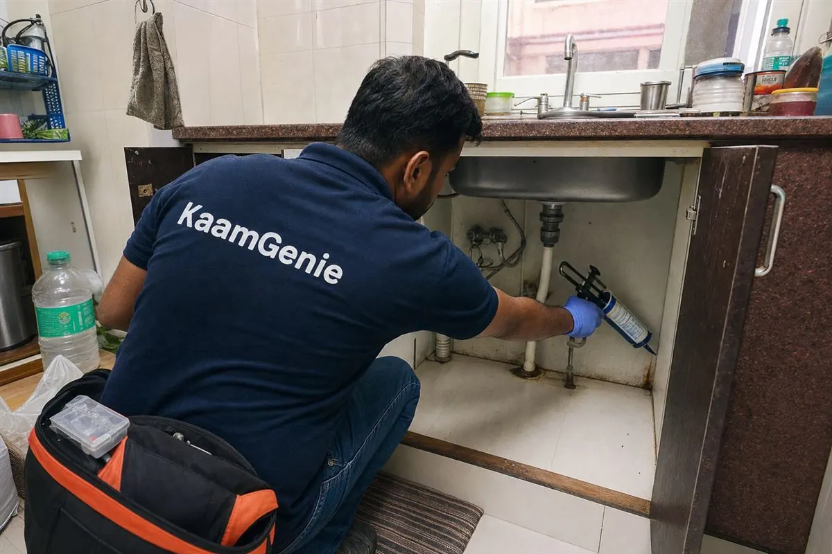 KaamGenie pest control technician treating a Rohini Sector 14 property in North-West Delhi