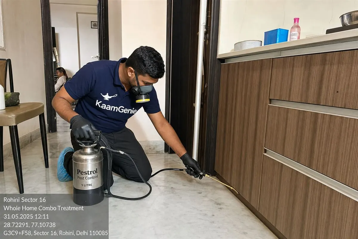KaamGenie pest control technician treating a Rohini Sector 16 property in North-West Delhi