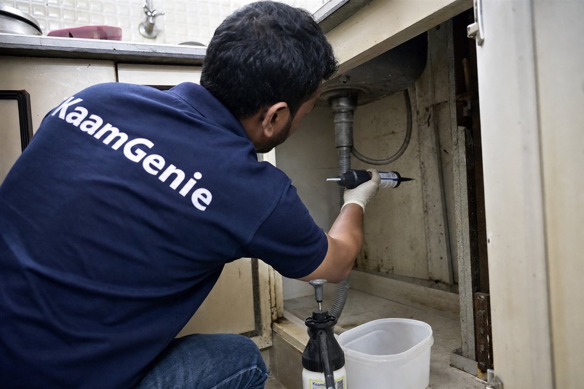 KaamGenie pest control technician treating a Rohini Sector 18 property in North-West Delhi