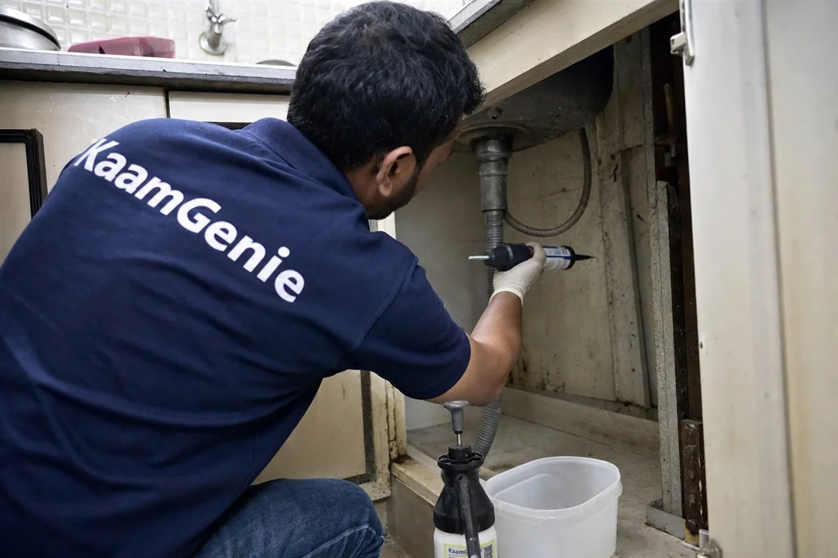 KaamGenie pest control technician treating a Rohini Sector 18 property in North-West Delhi