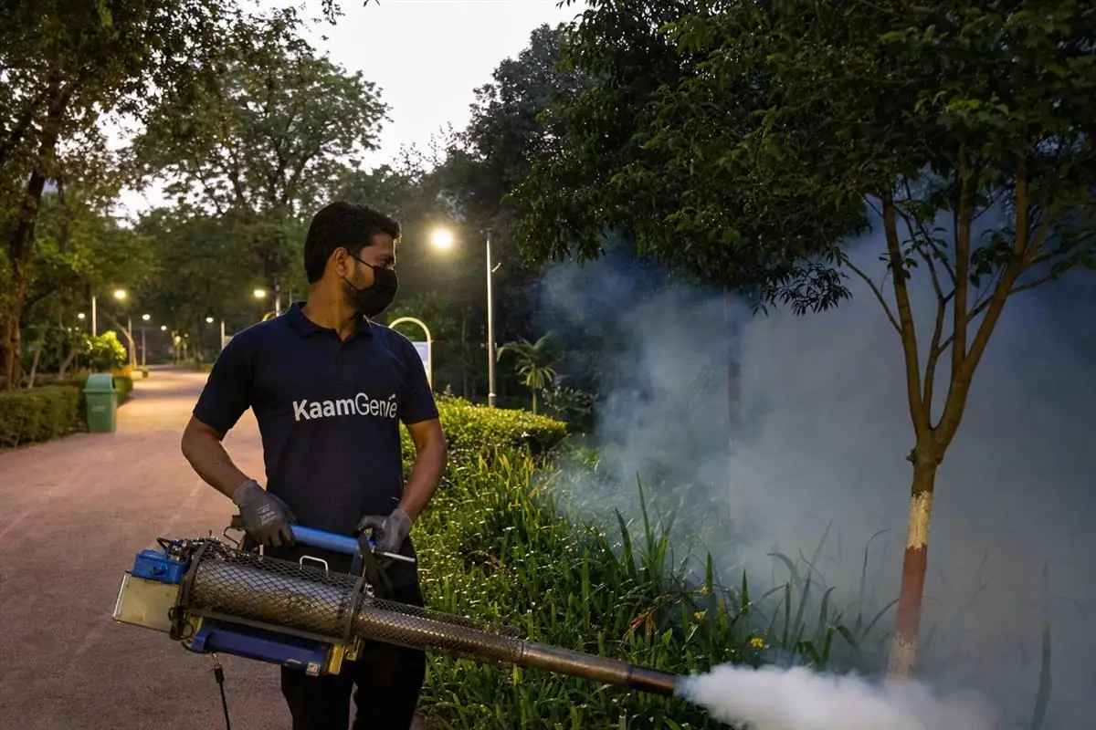 KaamGenie pest control technician treating a Rohini Sector 25 property in North-West Delhi