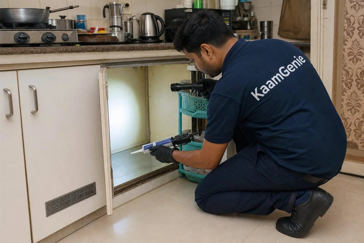 KaamGenie pest control technician treating a Rohini Sector 27 property in North-West Delhi