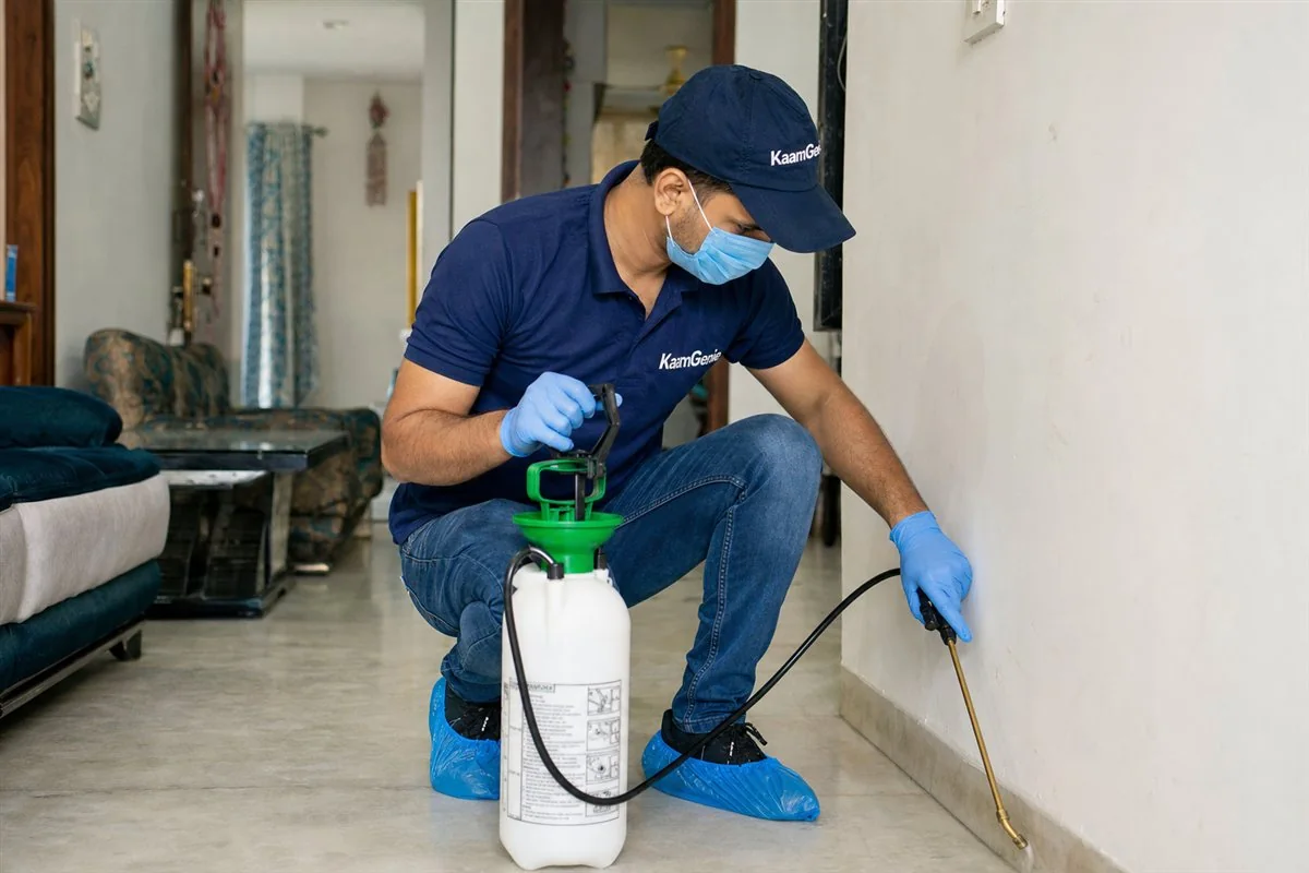 KaamGenie pest control technician treating a Rohini Sector 32 property in North-West Delhi