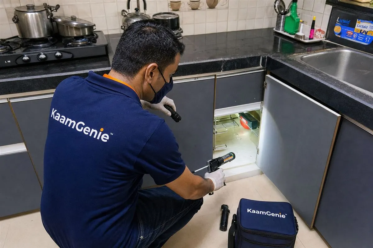 KaamGenie pest control technician treating a Rohini Sector 33 property in North-West Delhi