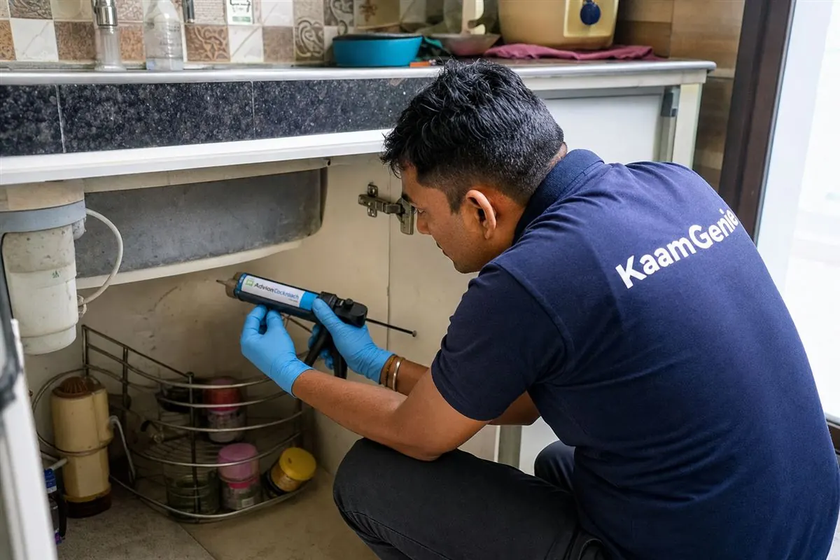 KaamGenie pest control technician treating a Rohini Sector 34 property in North-West Delhi