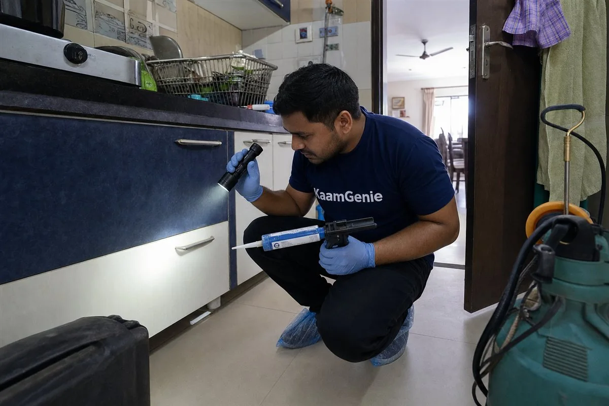 KaamGenie pest control technician treating a Rohini Sector 39 property in North-West Delhi
