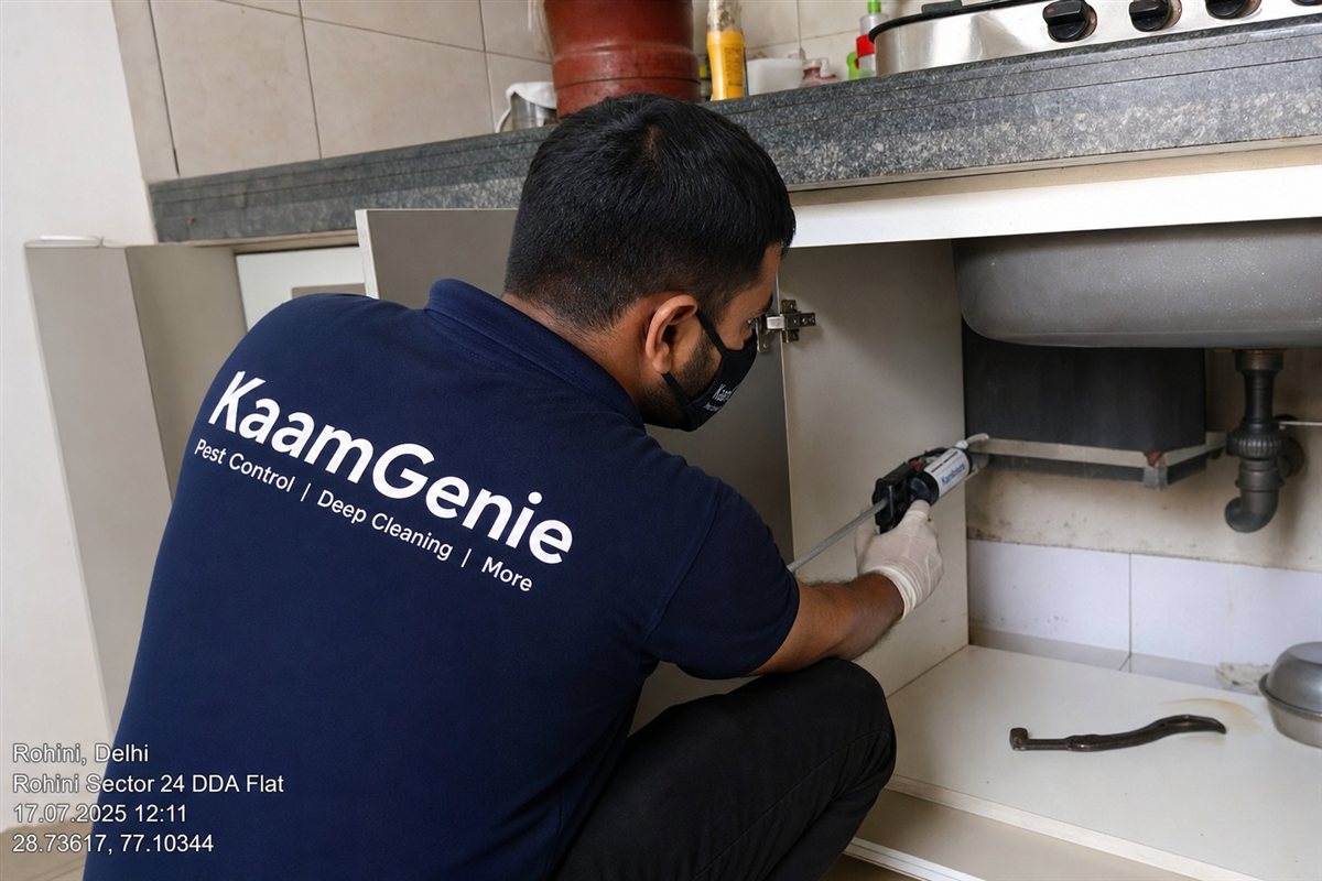 KaamGenie pest control technician treating a Rohini Sector 40 property in North-West Delhi