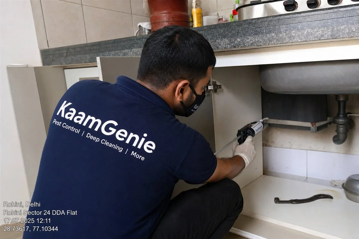KaamGenie pest control technician treating a Rohini Sector 40 property in North-West Delhi