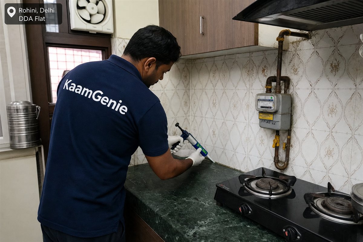 KaamGenie pest control technician treating a Rohini Sector 7 property in North-West Delhi