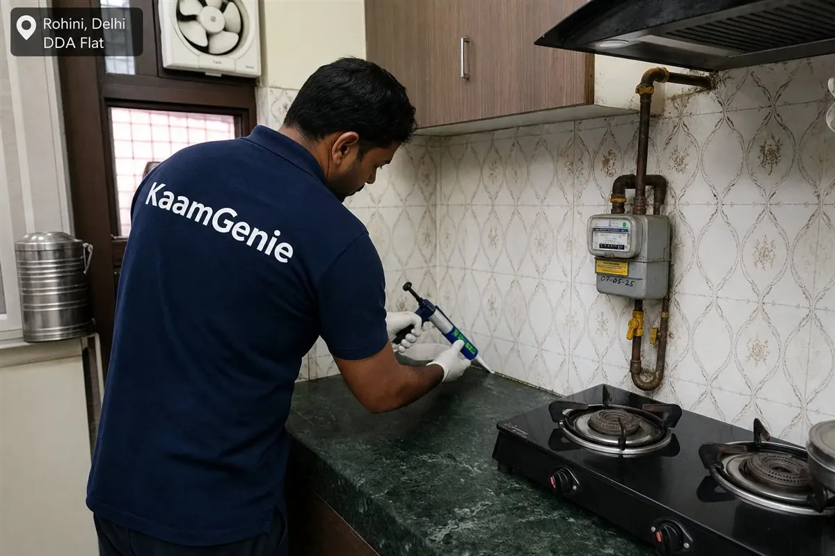 KaamGenie pest control technician treating a Rohini Sector 7 property in North-West Delhi