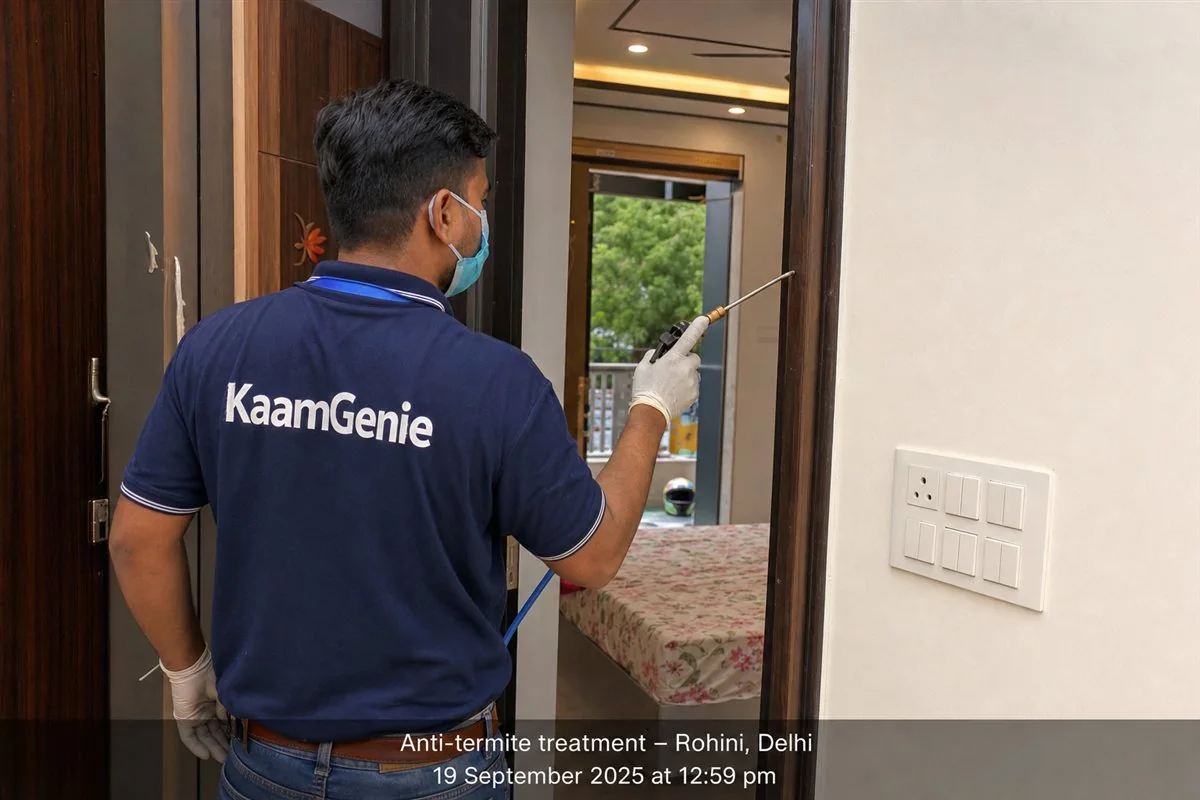 KaamGenie pest control technician treating a Rohini Sector 9 property in North-West Delhi