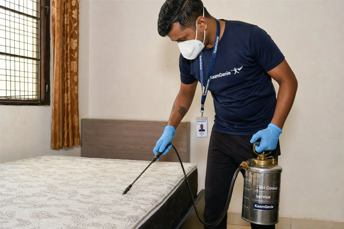 KaamGenie pest control technician treating a Sabhapur property in East Delhi