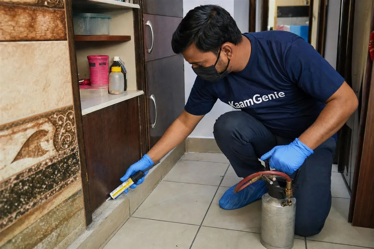 KaamGenie pest control technician treating a Samaipur property in North-West Delhi