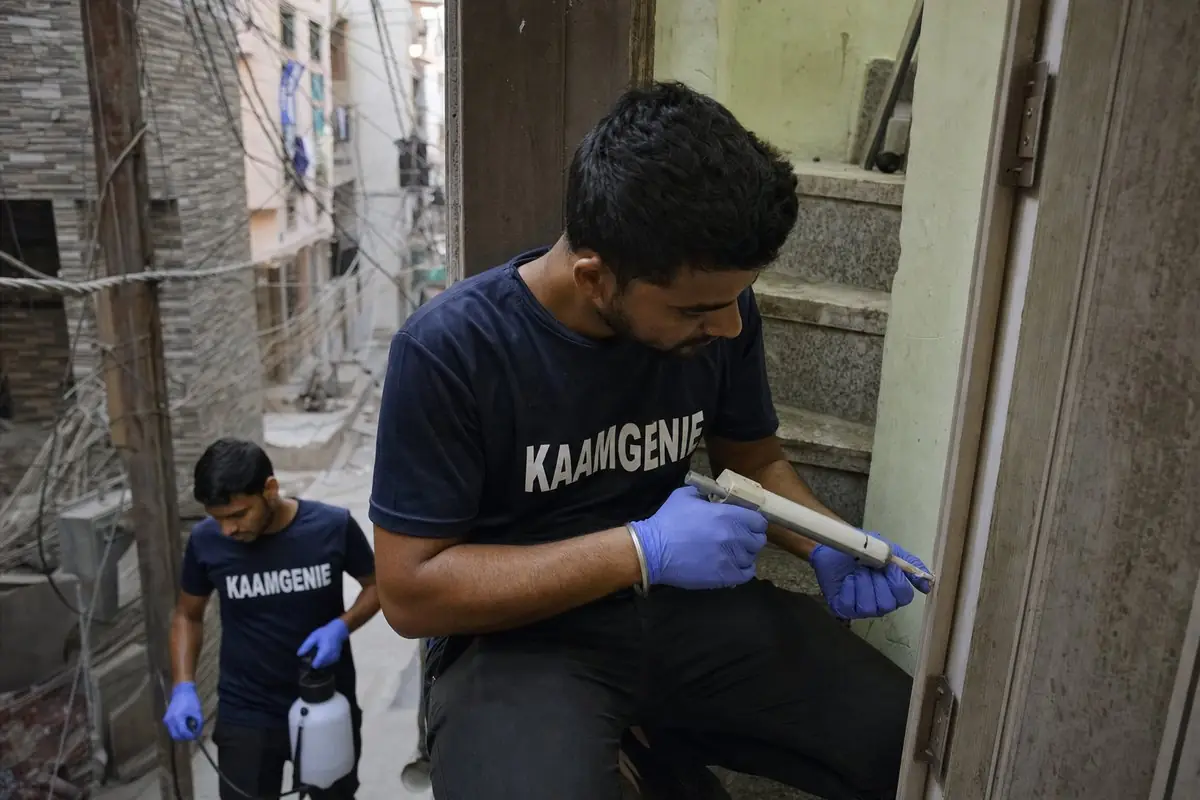 KaamGenie pest control technician treating a Sangam Vihar Extension property in South Delhi