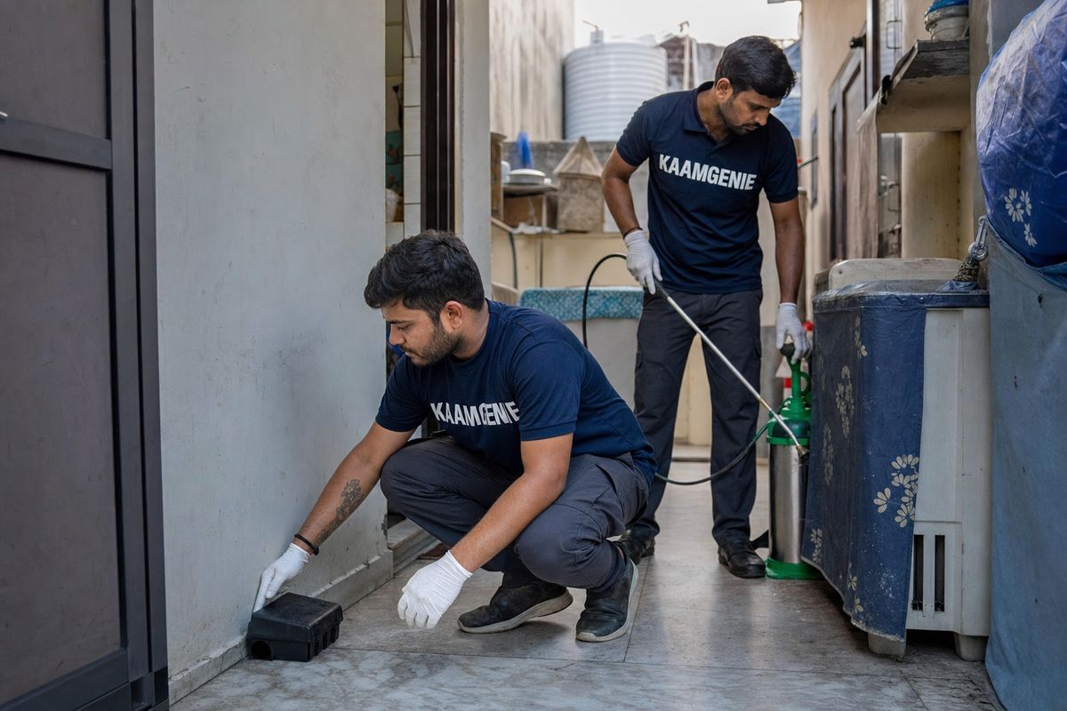 KaamGenie pest control technician treating a Sangam Vihar property in South Delhi