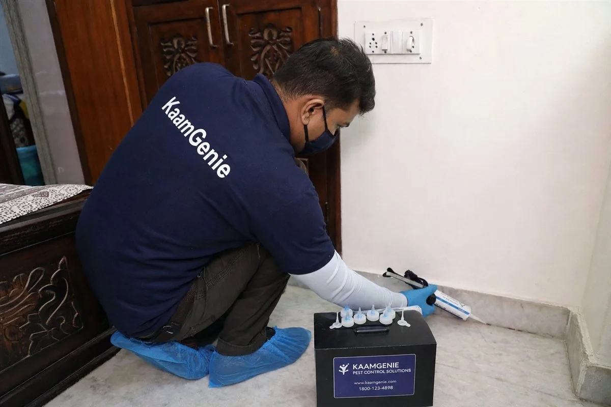 KaamGenie pest control technician treating a Sant Nagar property in North Delhi