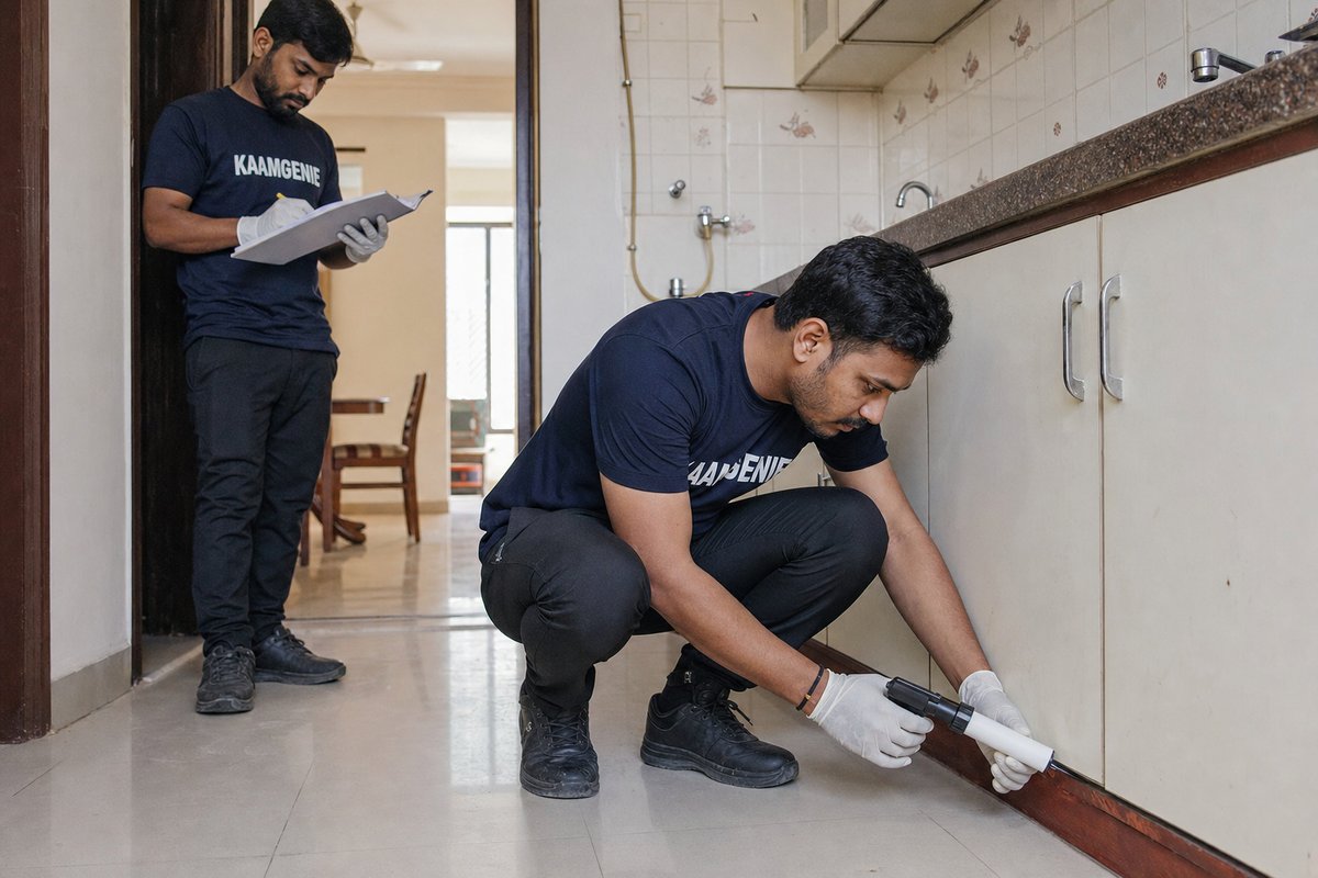 KaamGenie pest control technician treating a Sarita Vihar property in South Delhi