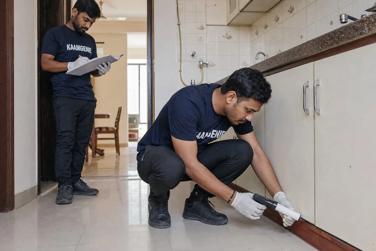 KaamGenie pest control technician treating a Sarita Vihar property in South Delhi
