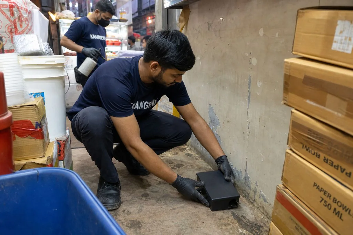 KaamGenie pest control technician treating a Sarojini Nagar property in Central Delhi