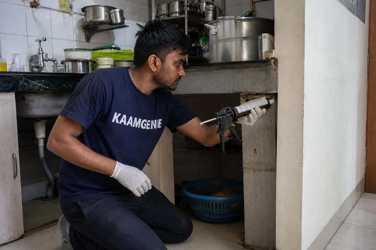 KaamGenie pest control technician treating a Sarvapriya Vihar property in South Delhi