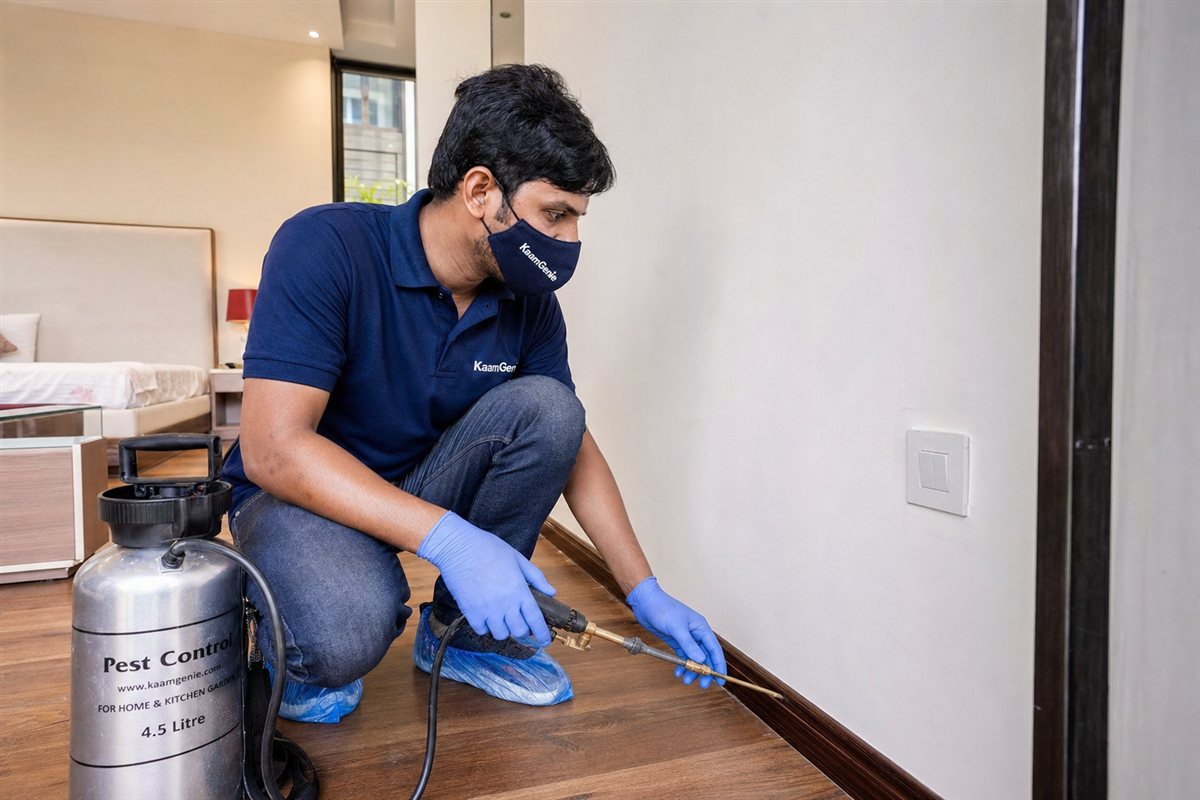KaamGenie pest control technician treating a builder-floor home for termites in Sarvodaya Enclave near IIT and Hauz Khas, South Delhi