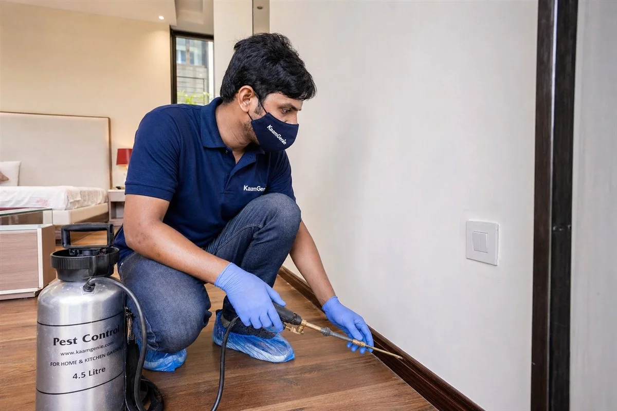 KaamGenie pest control technician treating a builder-floor home for termites in Sarvodaya Enclave near IIT and Hauz Khas, South Delhi