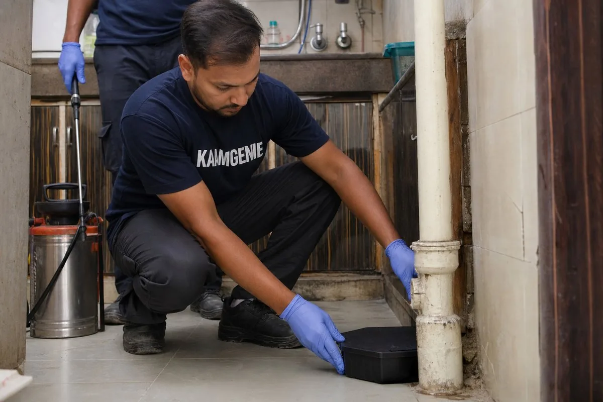 KaamGenie pest control technician treating a Savitri Nagar property in South Delhi