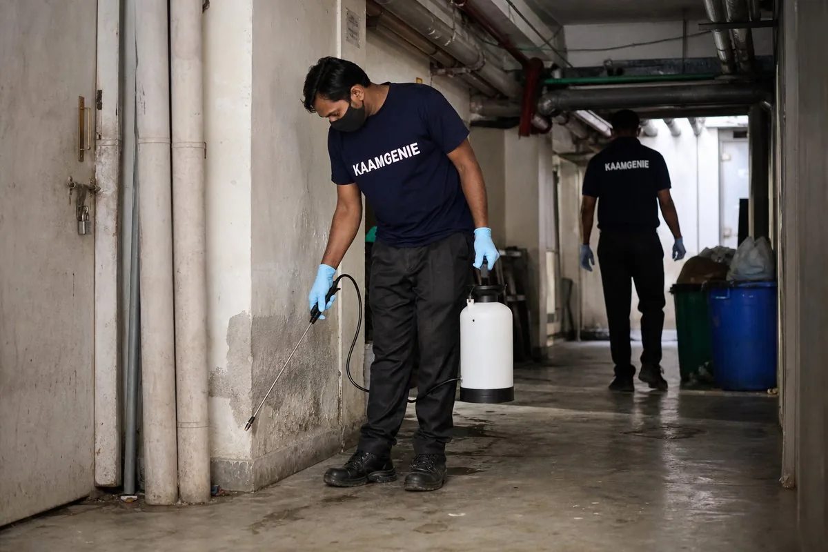 KaamGenie pest control technician treating a Sector 77 property in Noida