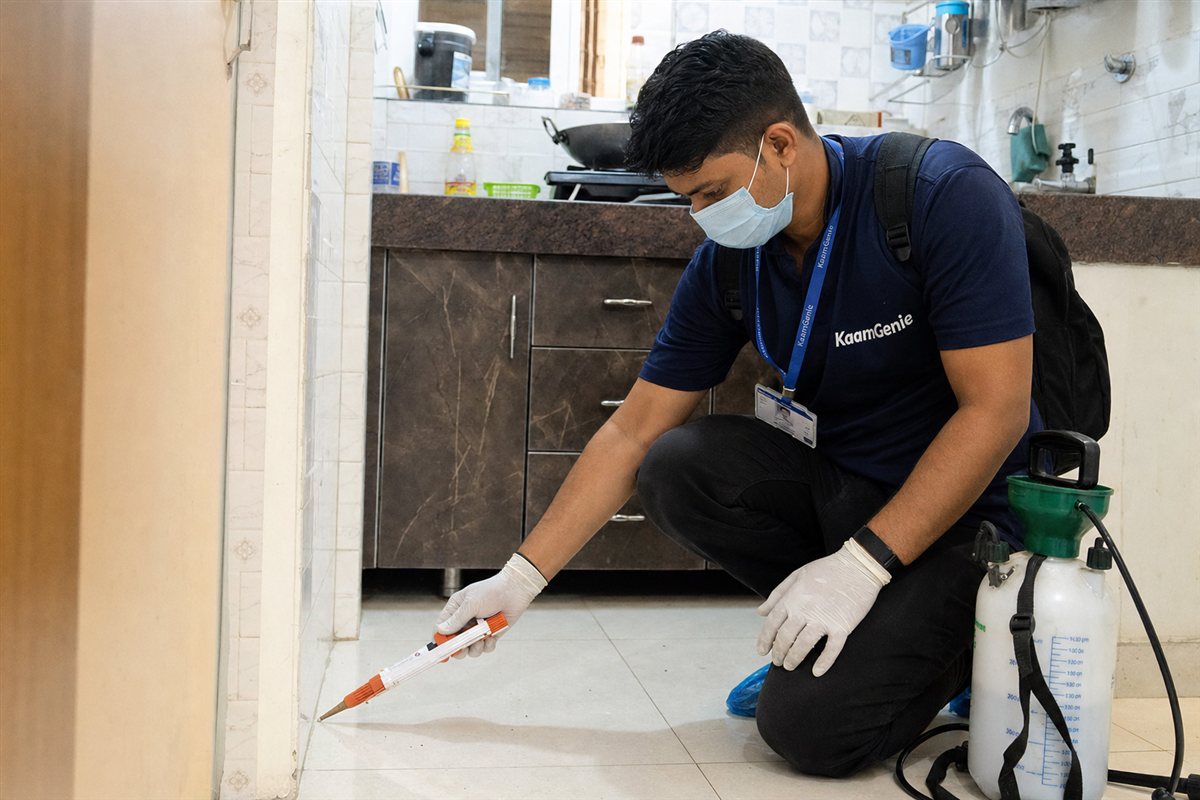 KaamGenie pest control technician treating a Seelampur property in East Delhi